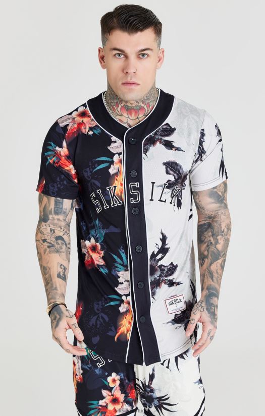 homens vestuário 6884ZR398 SikSilk camisa de beisebol com estampa preta e crua