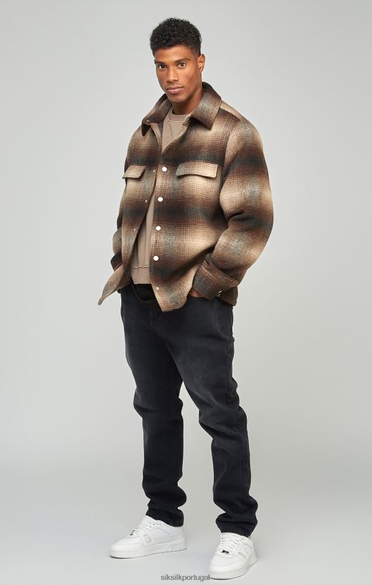 homens vestuário 6884ZR467 SikSilk camiseta xadrez com logo estampado marrom