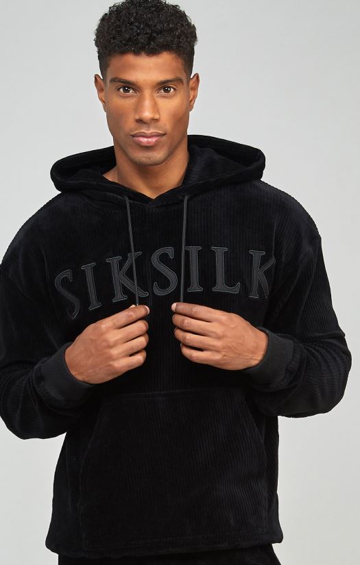 homens vestuário 6884ZR414 SikSilk moletom com capuz preto com apliques de logotipo de veludo cotelê