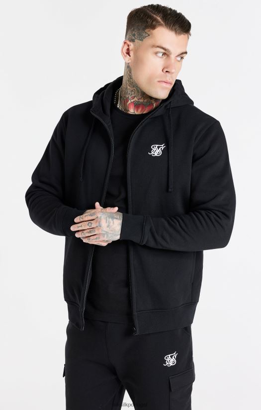 homens vestuário 6884ZR427 SikSilk moletom com capuz preto essencial com zíper através do funil