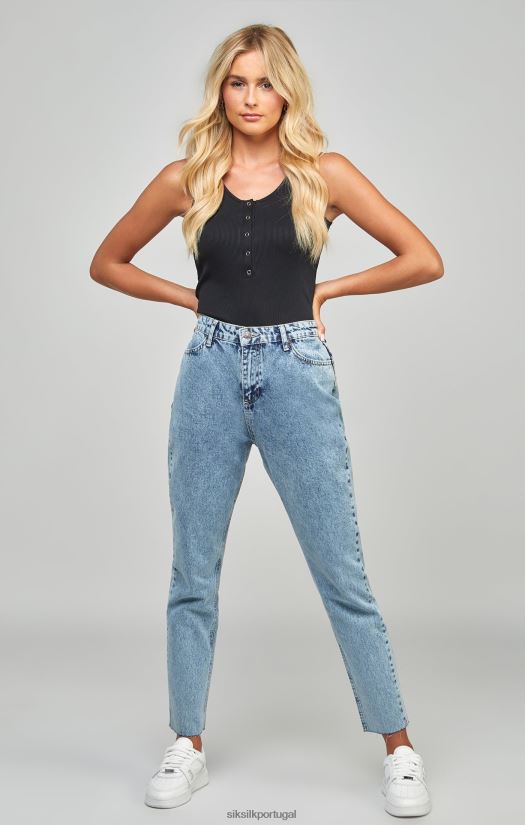 mulheres vestuário 6884ZR190 SikSilk calça mom jeans bordada com lavagem azul claro
