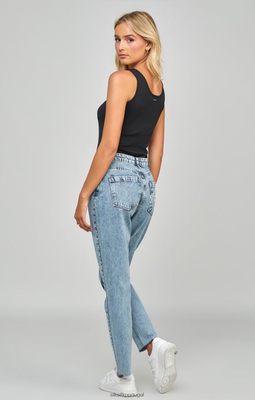 mulheres vestuário 6884ZR190 SikSilk calça mom jeans bordada com lavagem azul claro